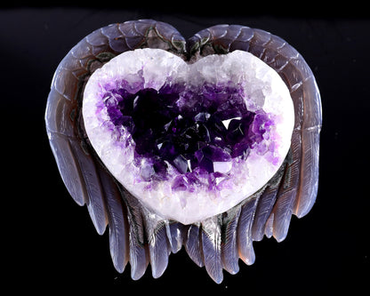 6.3" Amethyst Druse Agate Hand Carved Angel Wings Sculpture