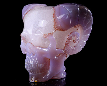 3.4" Geode Agate Hand Carved Crystal Geode Skull with Horn Sculpture