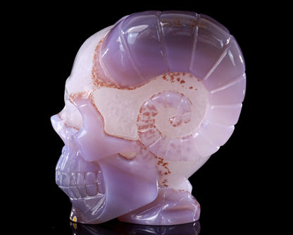 3.4" Geode Agate Hand Carved Crystal Geode Skull with Horn Sculpture