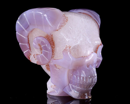 3.4" Geode Agate Hand Carved Crystal Geode Skull with Horn Sculpture