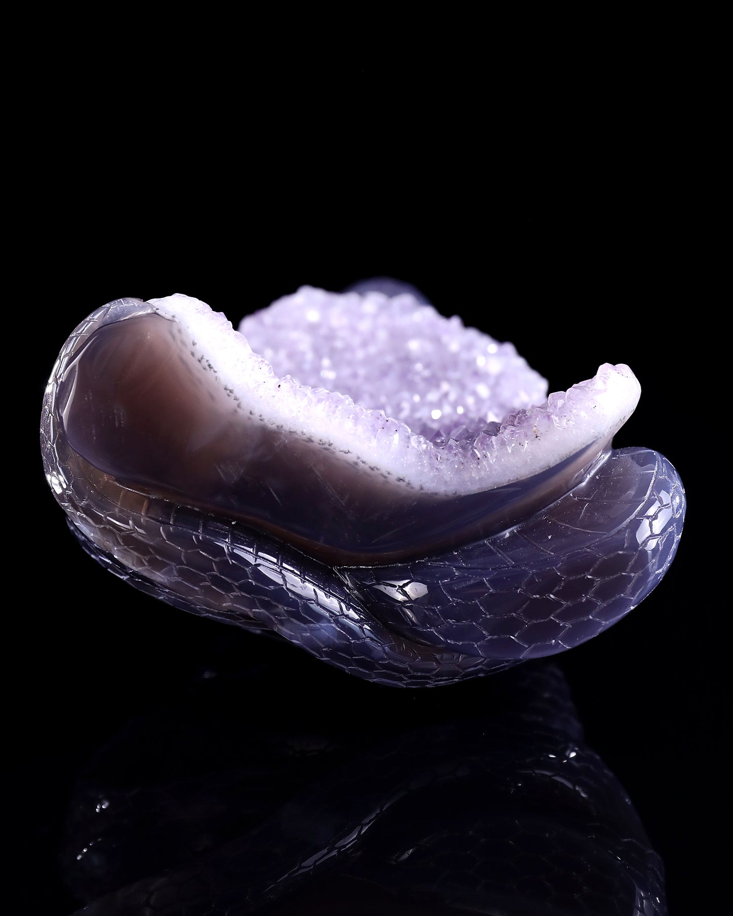 7.7" Amethyst Druse Agate Hand Carved Crystal Snake Sculpture