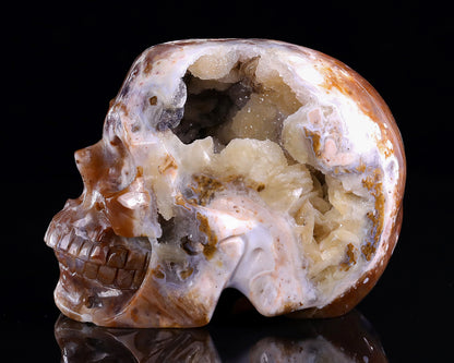 6.5" Chalcedony Hand Carved Crystal Geode Skull Sculpture