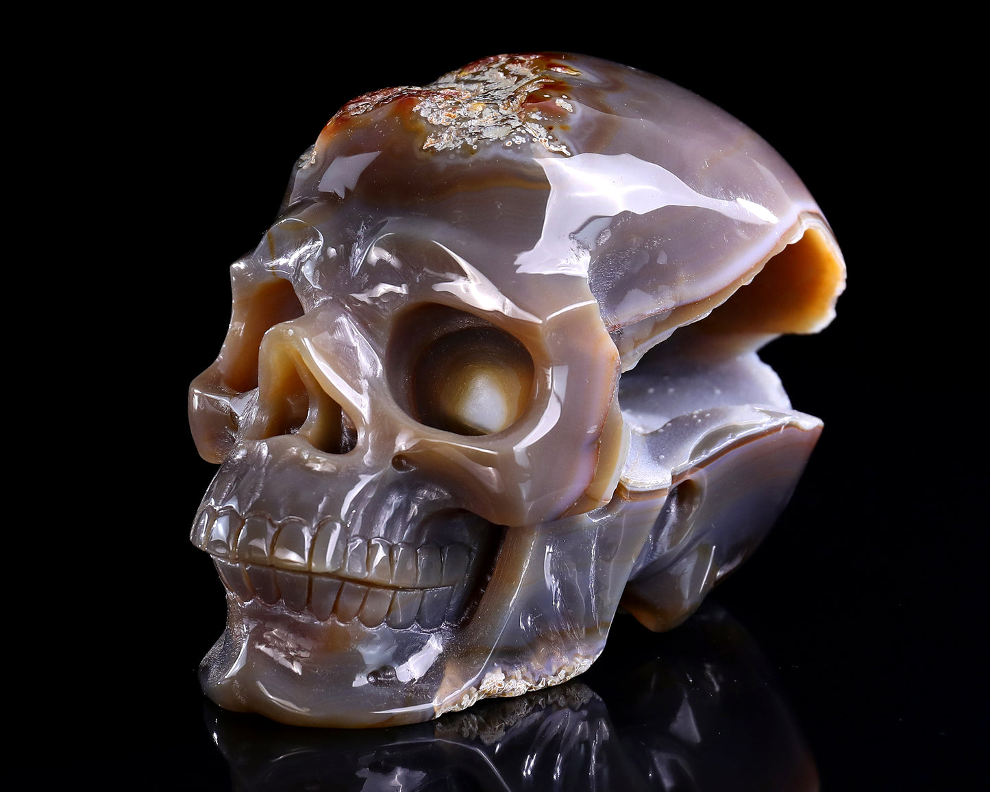 6.1" Red Chalcedony Hand Carved Crystal Geode Skull Sculpture