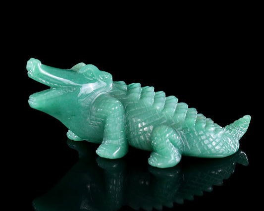 5.3" Green Aventurine Hand Carved Crystal Crocodile Sculpture