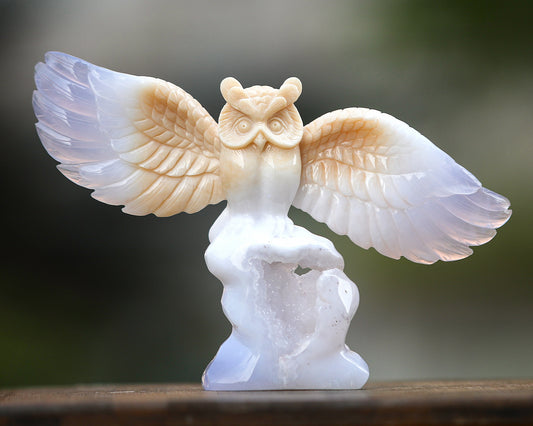 8.3" Blue Chalcedony Hand Carved Crystal Owl Sculpture