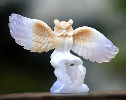 8.3" Blue Chalcedony Hand Carved Crystal Owl Sculpture