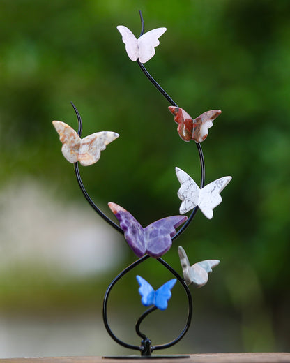 Natural Crystal Colorful Butterfly with Black Metal Stand