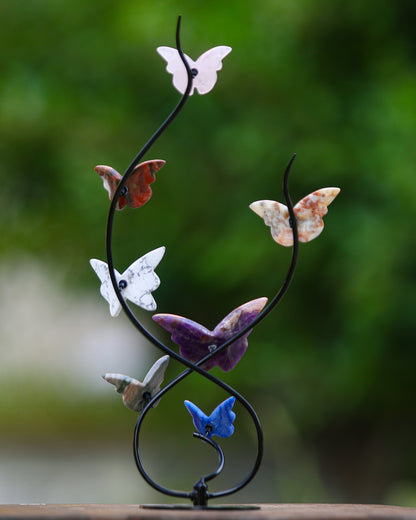 Natural Crystal Colorful Butterfly with Black Metal Stand