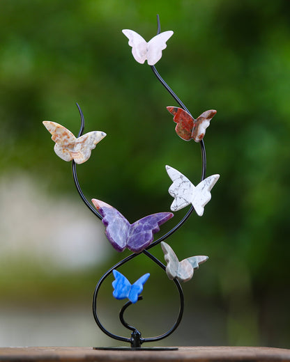 Natural Crystal Colorful Butterfly with Black Metal Stand