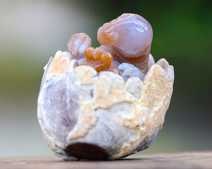 3.9" Chalcedony Hand Carved Crystal Dinosaur Egg Carving,Dinosaur Baby Sculpture