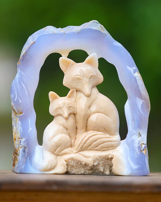 Amazing 6.5" Blue Chalcedony Hand Carved Crystal Foxes Sculpture