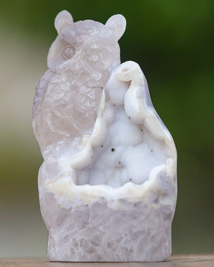 6.0" Blue Chalcedony Hand Carved Crystal Owl Sculpture