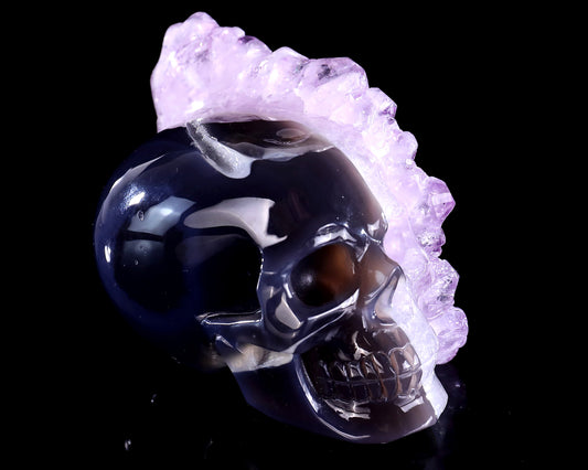 5.2" Amethyst Druse Agate Hand Carved Mineral Specimen Skull Sculpture