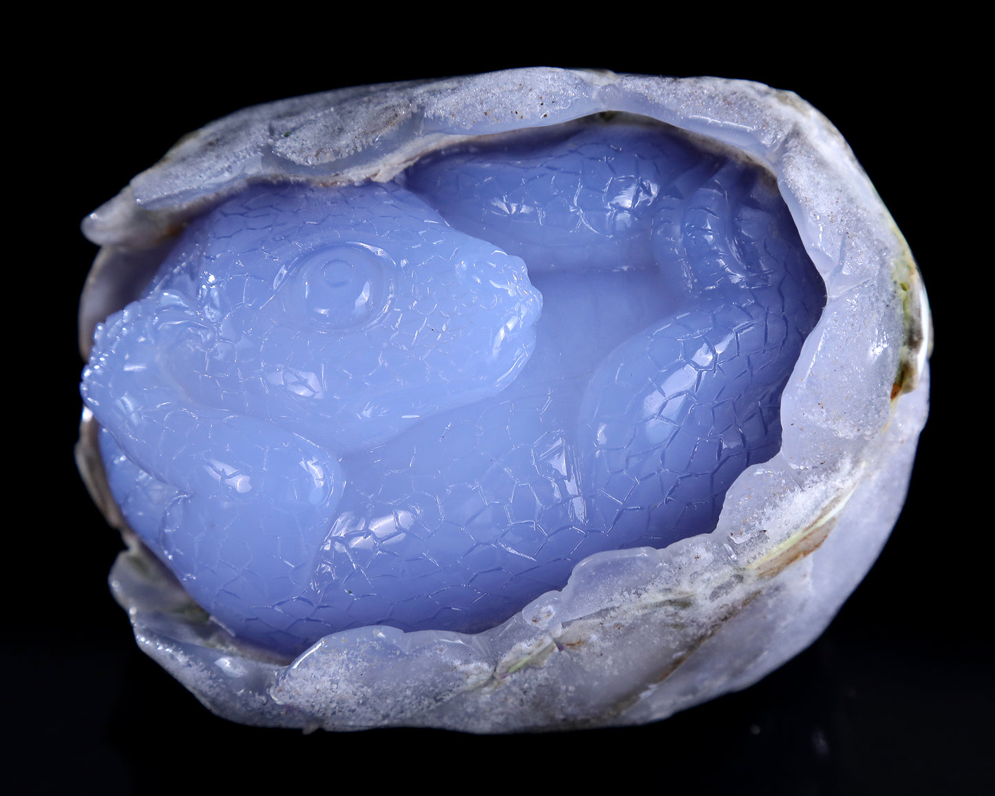 4.3" Blue Chalcedony Hand Carved Crystal Dragon Baby Egg Sculpture