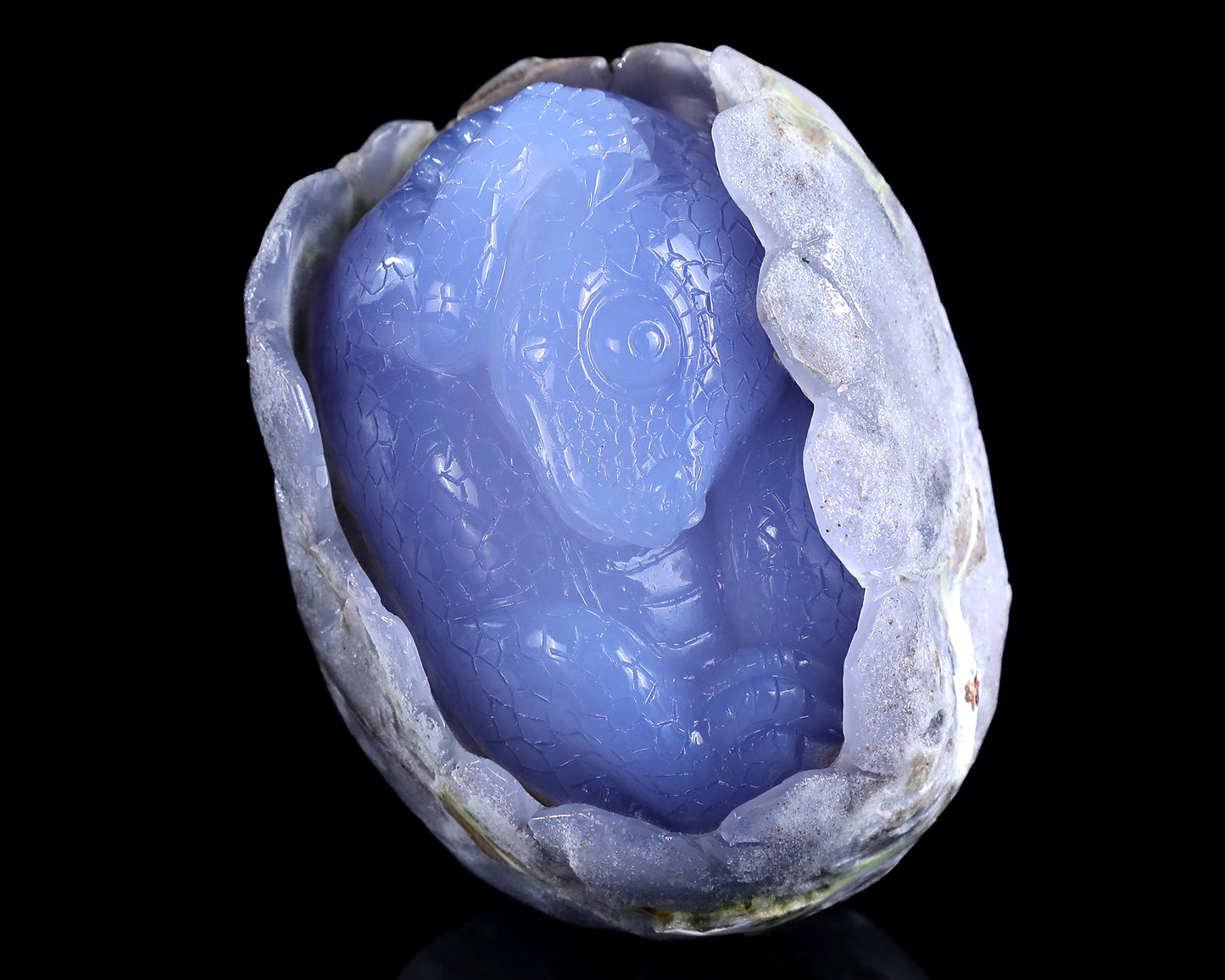 4.3" Blue Chalcedony Hand Carved Crystal Dragon Baby Egg Sculpture