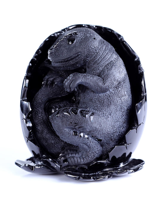 5.3" Black Obsidian Hand Carved Crystal Dragon Baby Egg Sculpture