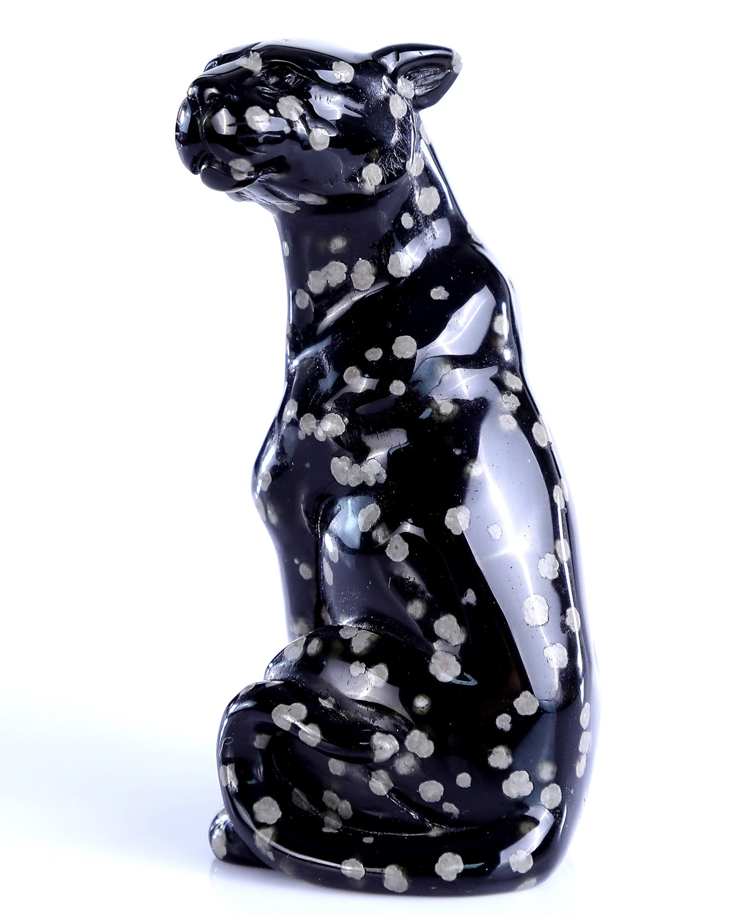 3.7" Spotted Snowflake Agate Hand Carved Crystal Leopard Sculpture