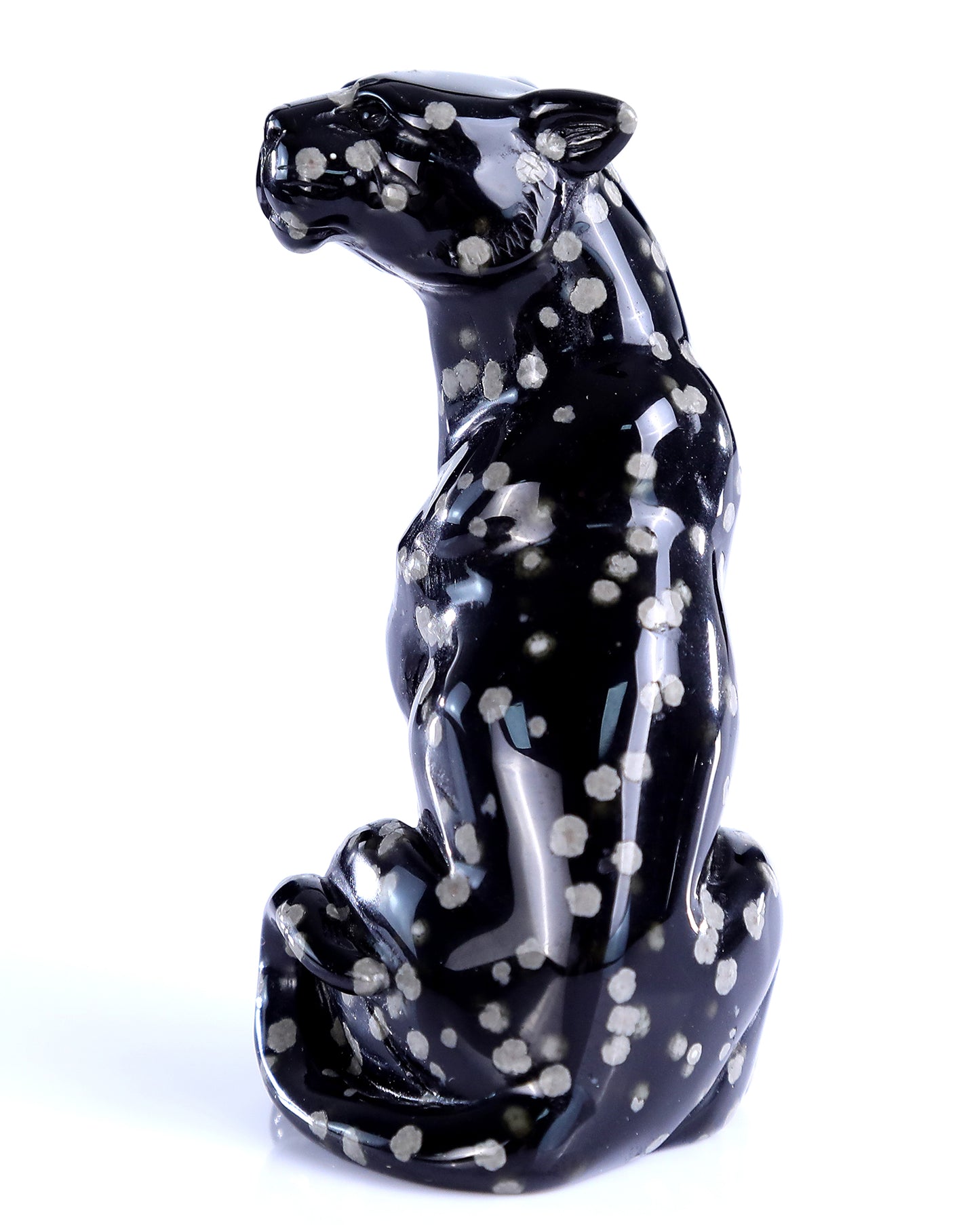 3.7" Spotted Snowflake Agate Hand Carved Crystal Leopard Sculpture