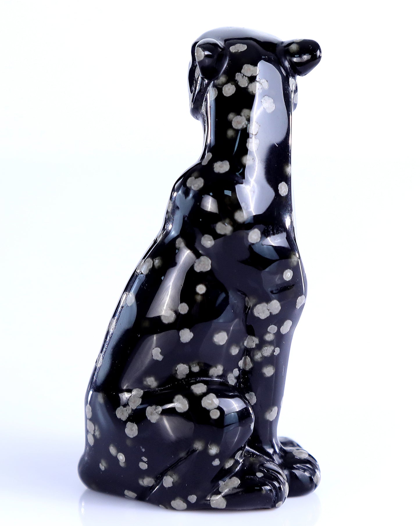 3.7" Spotted Snowflake Agate Hand Carved Crystal Leopard Sculpture