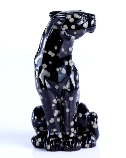 3.7" Spotted Snowflake Agate Hand Carved Crystal Leopard Sculpture