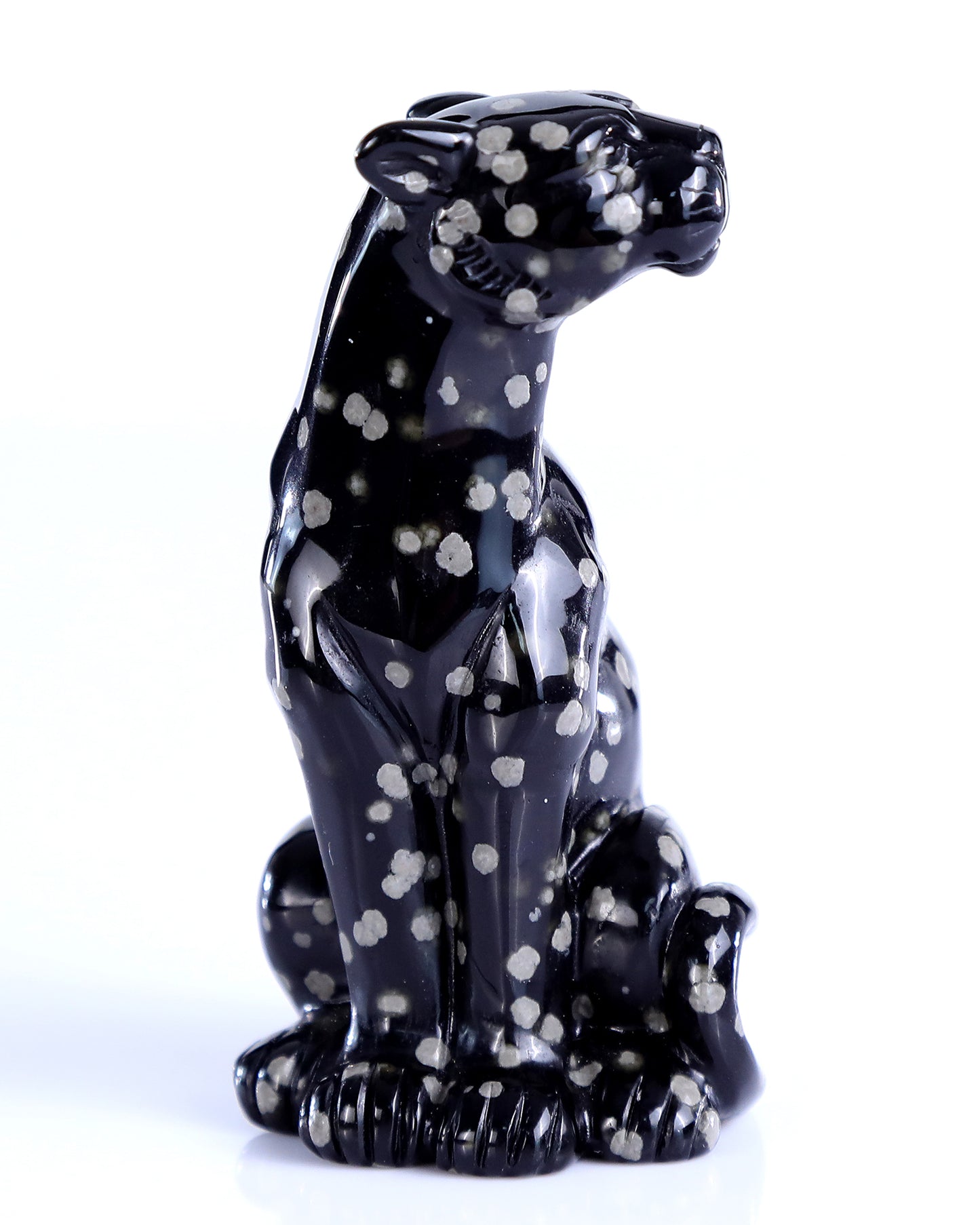 3.7" Spotted Snowflake Agate Hand Carved Crystal Leopard Sculpture