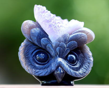 4.5" Amethyst Geode Agate Hand Carved Crystal Owl Sculpture