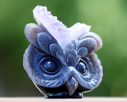 4.5" Amethyst Geode Agate Hand Carved Crystal Owl Sculpture