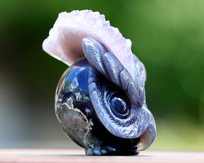 4.5" Amethyst Geode Agate Hand Carved Crystal Owl Sculpture