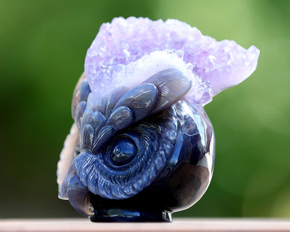 4.5" Amethyst Geode Agate Hand Carved Crystal Owl Sculpture