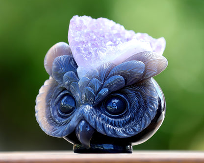 4.5" Amethyst Geode Agate Hand Carved Crystal Owl Sculpture