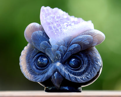 4.5" Amethyst Geode Agate Hand Carved Crystal Owl Sculpture