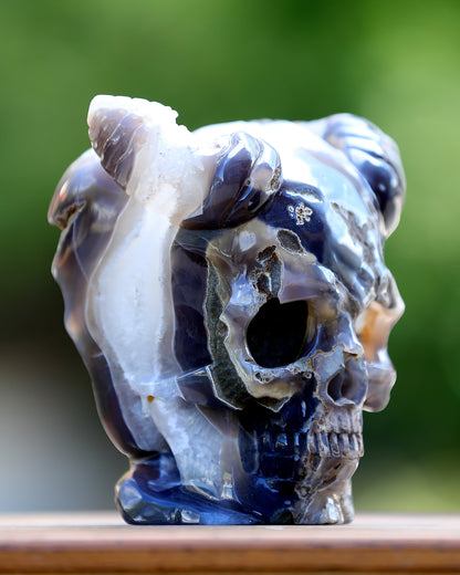 6.0" Quartz Rock Druse Hand Carved Crystal Geode Skull with Horn Sculpture