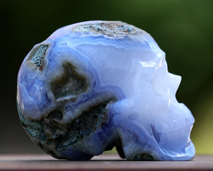 5.0" Blue Crazy Lace Agate Hand Carved Crystal Geode Skull Sculpture