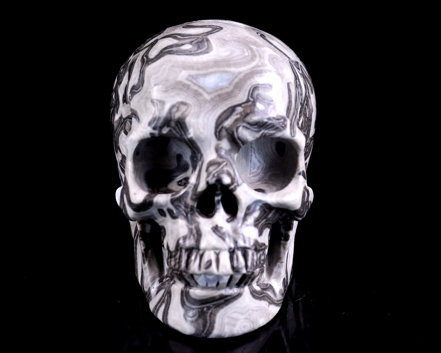 4.3" Black Crazy Lace Agate Hand Carved Crystal Realistic Skull Sculpture