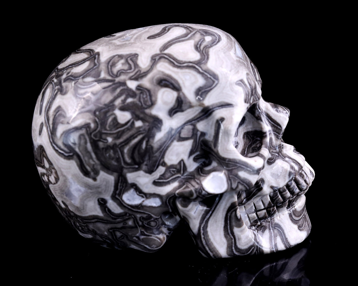 4.3" Black Crazy Lace Agate Hand Carved Crystal Realistic Skull Sculpture