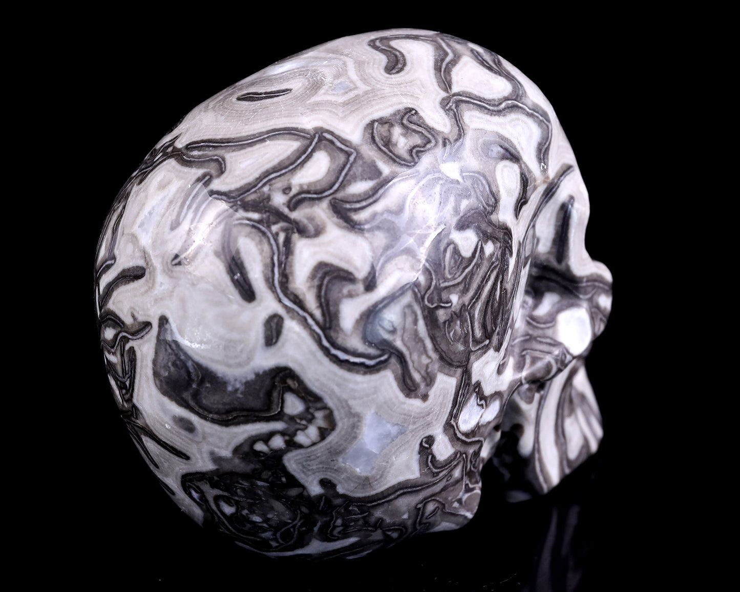 4.3" Black Crazy Lace Agate Hand Carved Crystal Realistic Skull Sculpture