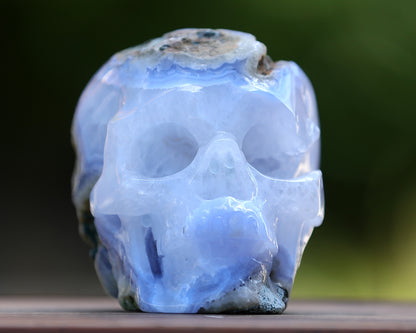 5.0" Blue Crazy Lace Agate Hand Carved Crystal Geode Skull Sculpture