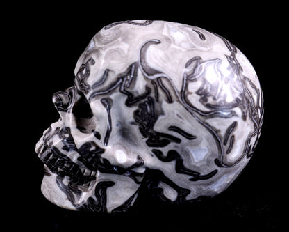 4.3" Black Crazy Lace Agate Hand Carved Crystal Realistic Skull Sculpture