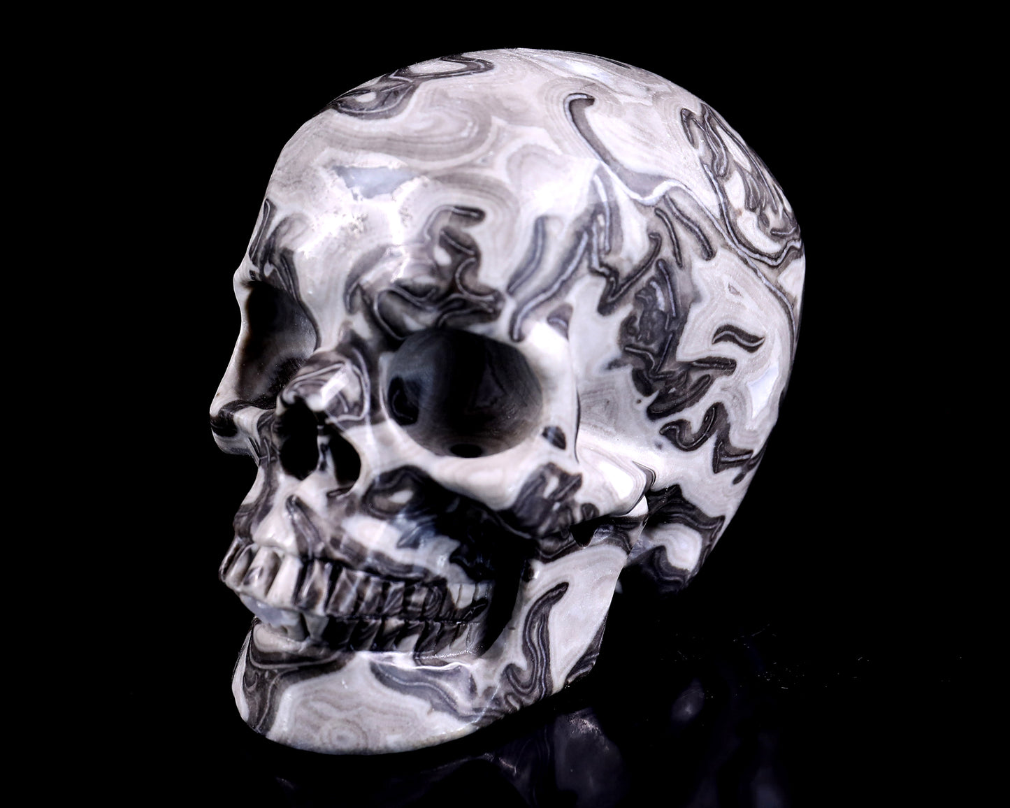 4.3" Black Crazy Lace Agate Hand Carved Crystal Realistic Skull Sculpture