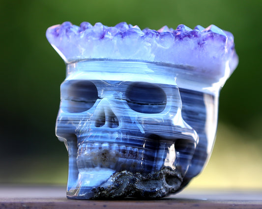 Unique 6.7" Amethyst Druse Agate Hand Carved Crystal Mineral Specimen Skull Sculpture