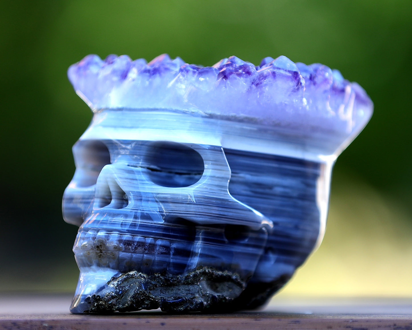 Unique 6.7" Amethyst Druse Agate Hand Carved Crystal Mineral Specimen Skull Sculpture