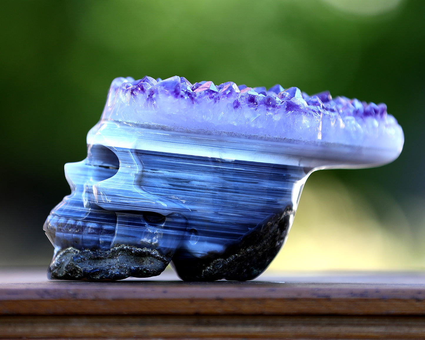 Unique 6.7" Amethyst Druse Agate Hand Carved Crystal Mineral Specimen Skull Sculpture