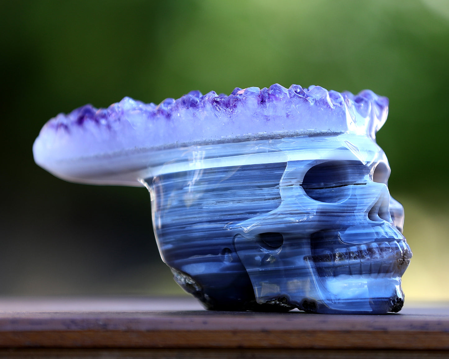 Unique 6.7" Amethyst Druse Agate Hand Carved Crystal Mineral Specimen Skull Sculpture