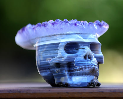 Unique 6.7" Amethyst Druse Agate Hand Carved Crystal Mineral Specimen Skull Sculpture