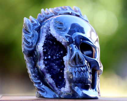 7.5" Amethyst Geode Agate Hand Carved Crystal Geode Skull Sculpture