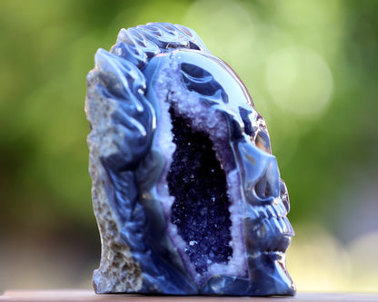 7.5" Amethyst Geode Agate Hand Carved Crystal Geode Skull Sculpture