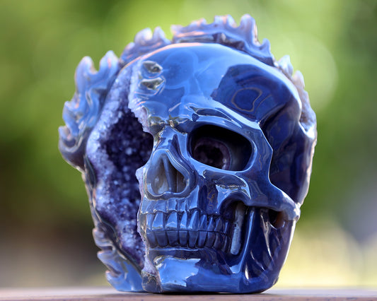 7.5" Amethyst Geode Agate Hand Carved Crystal Geode Skull Sculpture