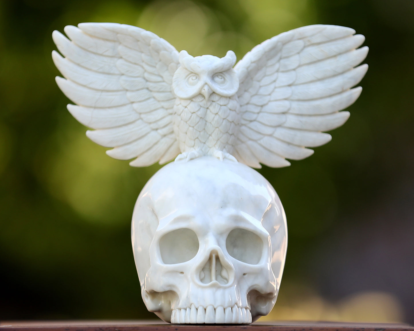 8.9" White Jade Hand Carved Crystal Skull and Owl Sculpture