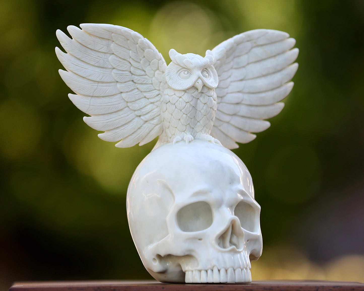 8.9" White Jade Hand Carved Crystal Skull and Owl Sculpture