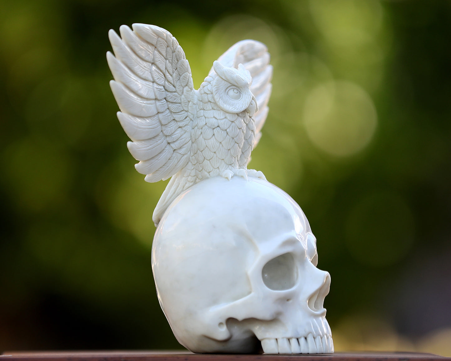 8.9" White Jade Hand Carved Crystal Skull and Owl Sculpture